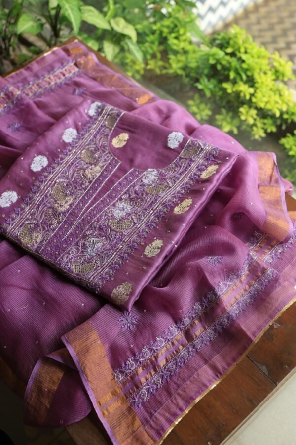 Dark Mauve Banarasi Zari Chanderi Unstitched Chikankari Fabrics - Image 4