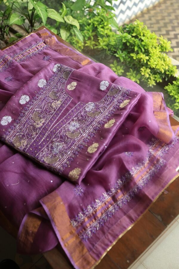 Dark Mauve Banarasi Zari Chanderi Unstitched Chikankari Fabrics - Image 10