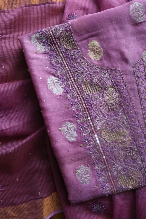 Dark Mauve Banarasi Zari Chanderi Unstitched Chikankari Fabrics - Image 9