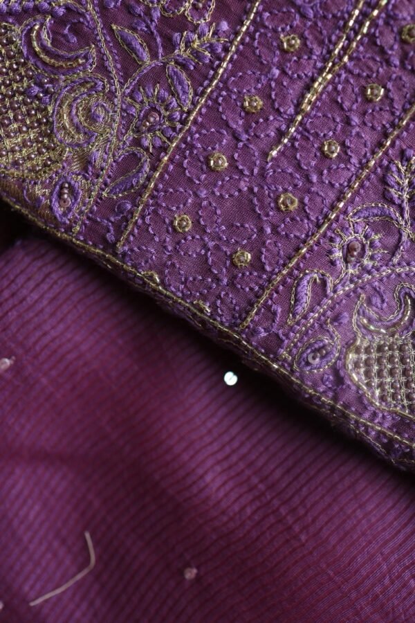 Dark Mauve Banarasi Zari Chanderi Unstitched Chikankari Fabrics - Image 2