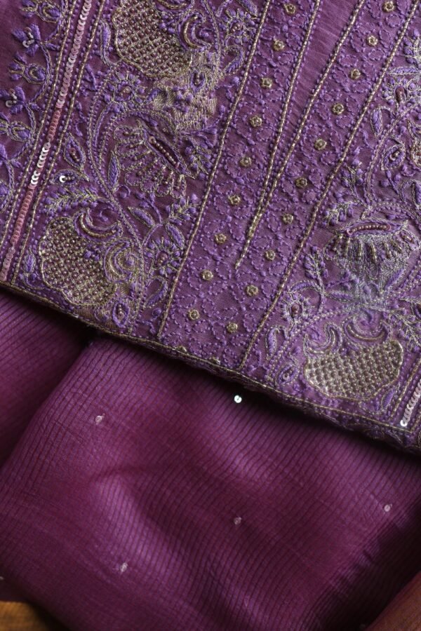 Dark Mauve Banarasi Zari Chanderi Unstitched Chikankari Fabrics - Image 3