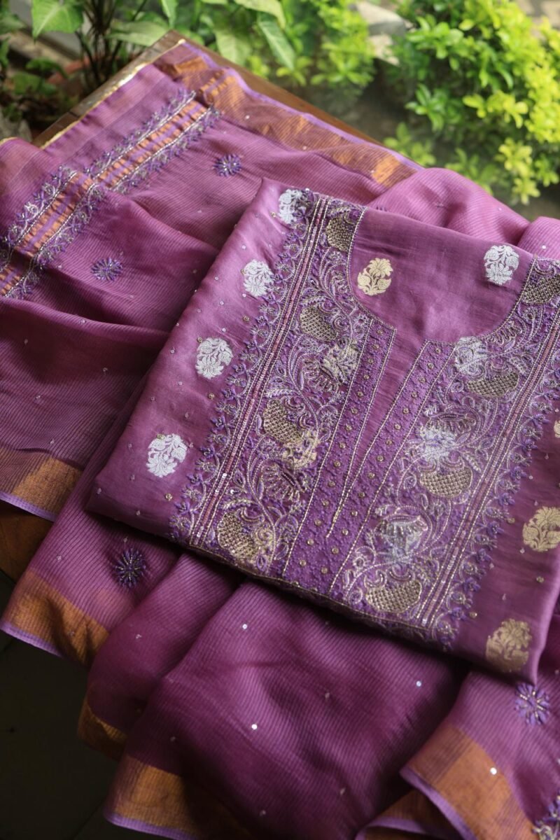 Dark Mauve Banarasi Zari Chanderi Unstitched Chikankari Fabrics