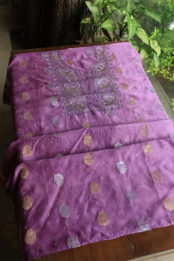 Dark Mauve Banarasi Zari Chanderi Unstitched Chikankari Fabrics - Image 12