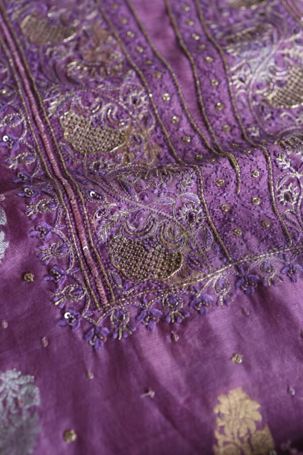Dark Mauve Banarasi Zari Chanderi Unstitched Chikankari Fabrics - Image 16