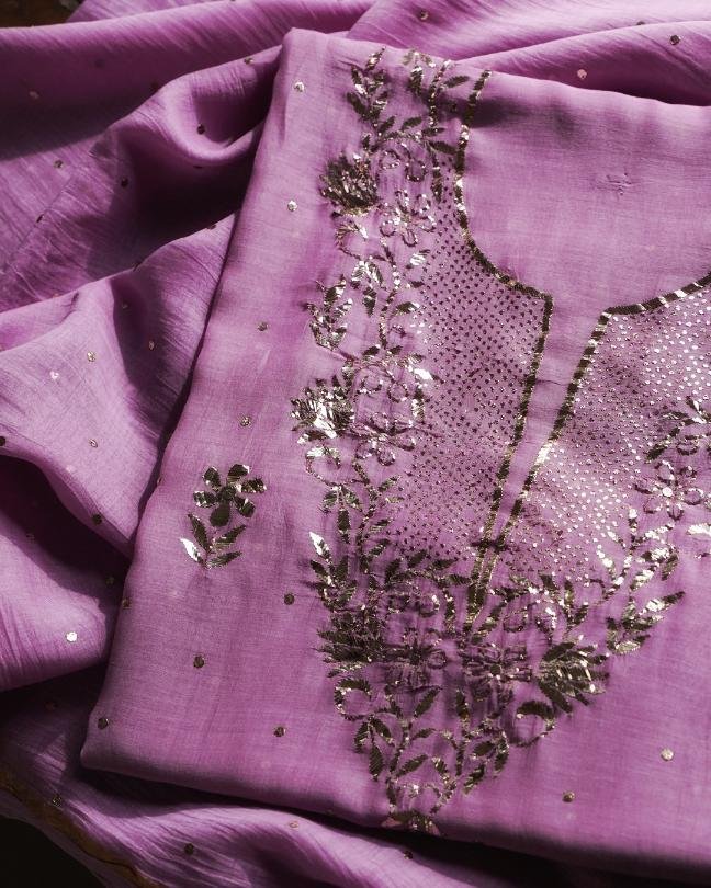 Dark Pink Chanderi Mukaish Badla Unstitched Kurta Dupatta Set