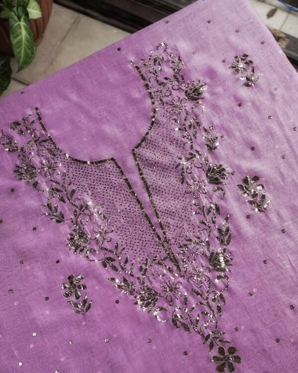 Dark Pink Chanderi Mukaish Badla Unstitched Kurta Dupatta Set - Image 2
