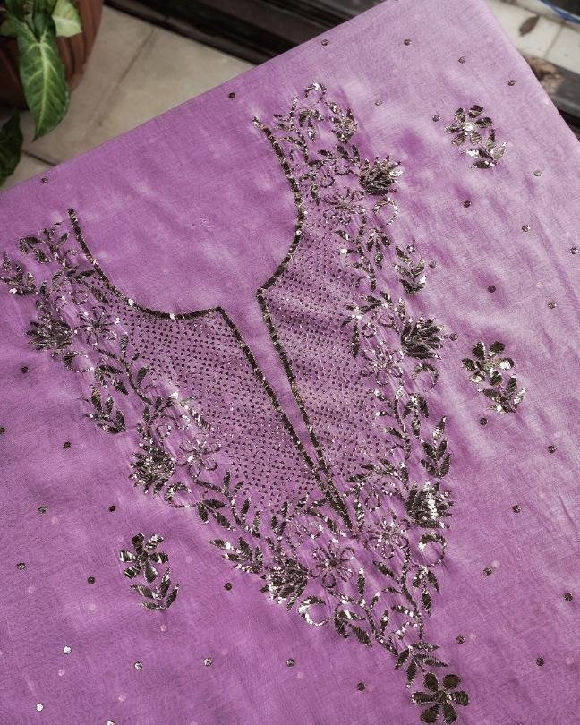 Dark Pink Chanderi Mukaish Badla Unstitched Kurta Dupatta Set