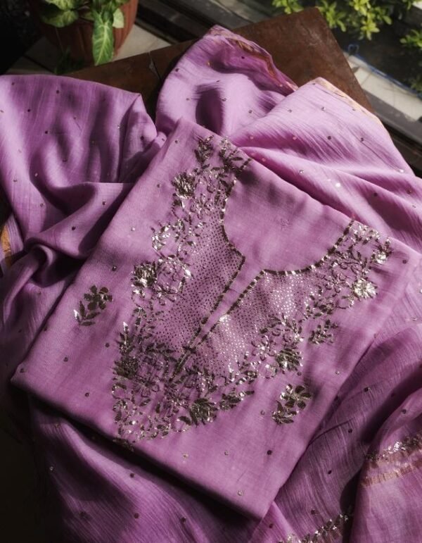 Dark Pink Chanderi Mukaish Badla Unstitched Kurta Dupatta Set - Image 8