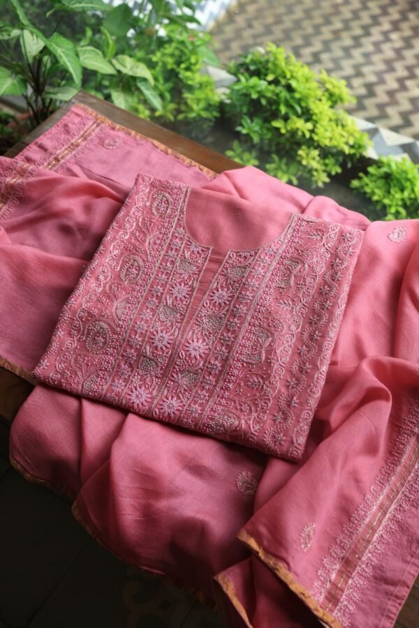 Dark Pink Maheshwari Chikankari Unstitched Fabric - Image 7