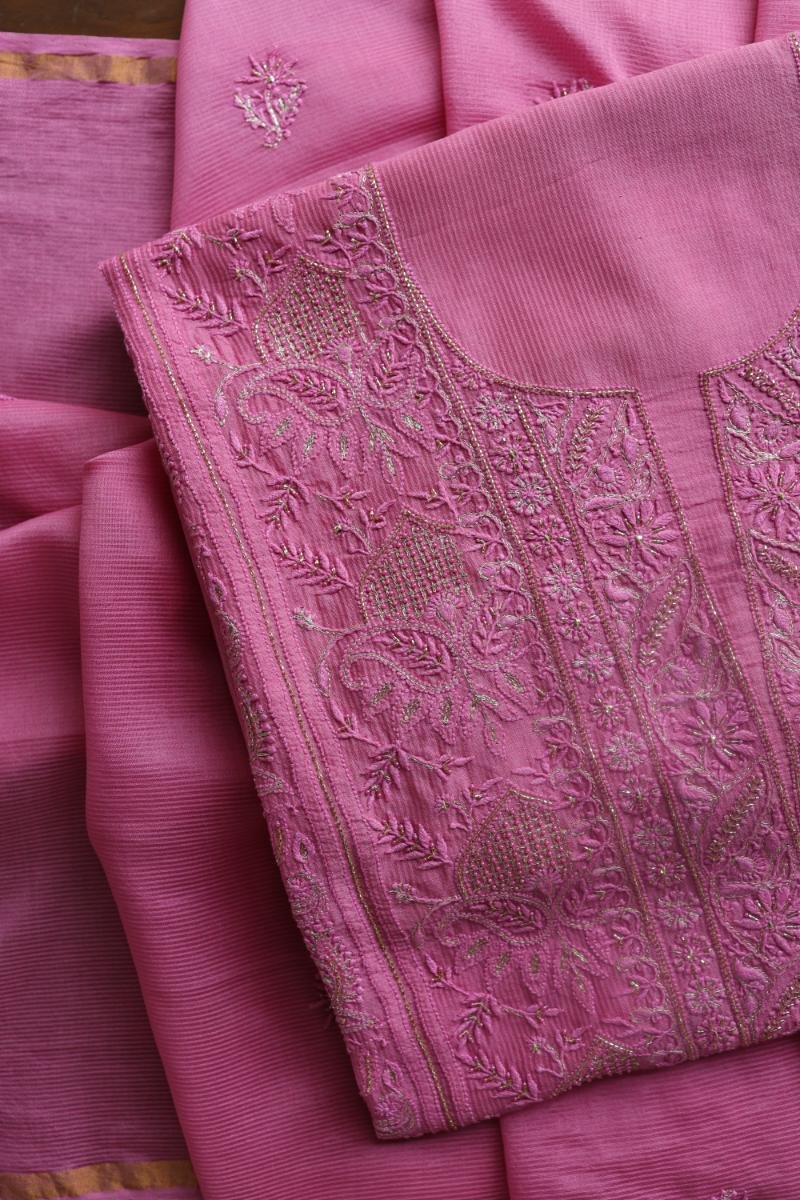 Dark Pink Maheshwari Chikankari Unstitched Fabric