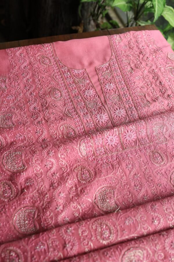 Dark Pink Maheshwari Chikankari Unstitched Fabric - Image 11