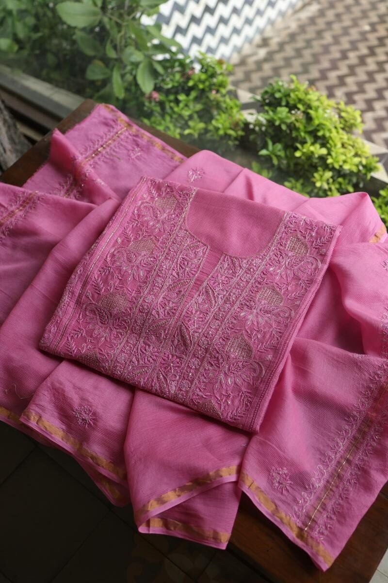 Dark Pink Maheshwari Chikankari Unstitched Fabric
