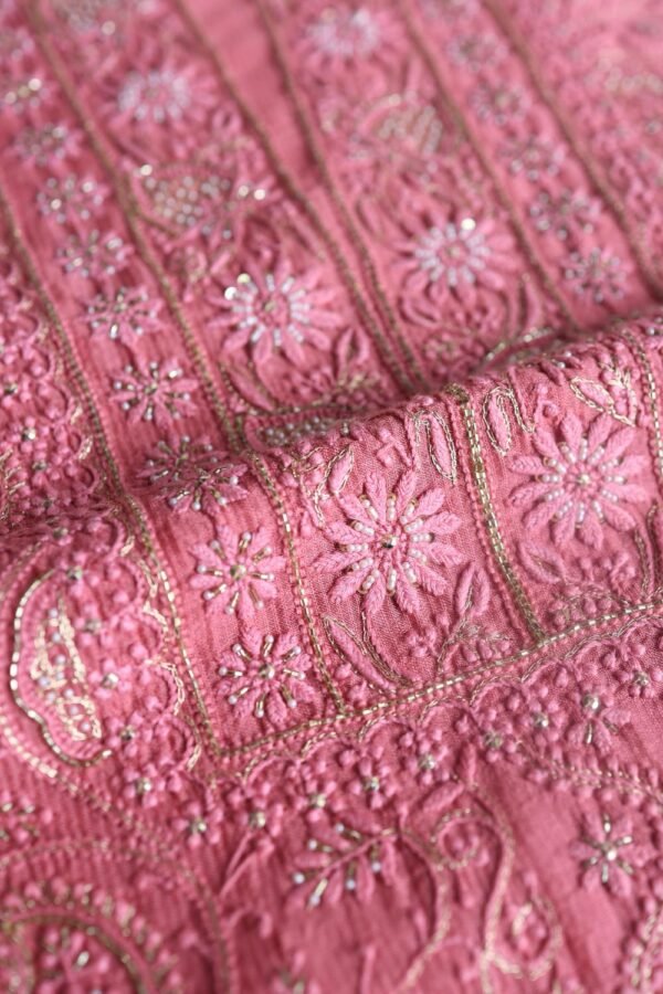 Dark Pink Maheshwari Chikankari Unstitched Fabric - Image 12