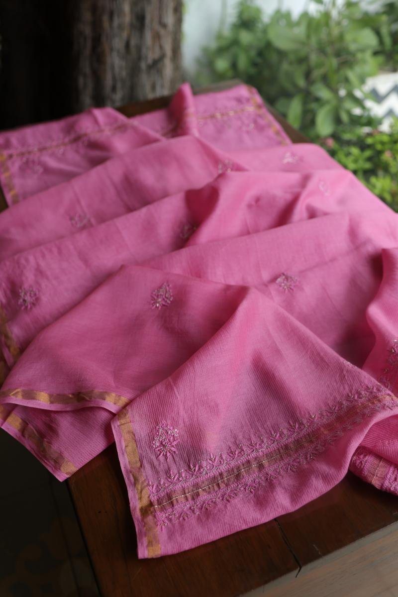 Dark Pink Maheshwari Chikankari Unstitched Fabric