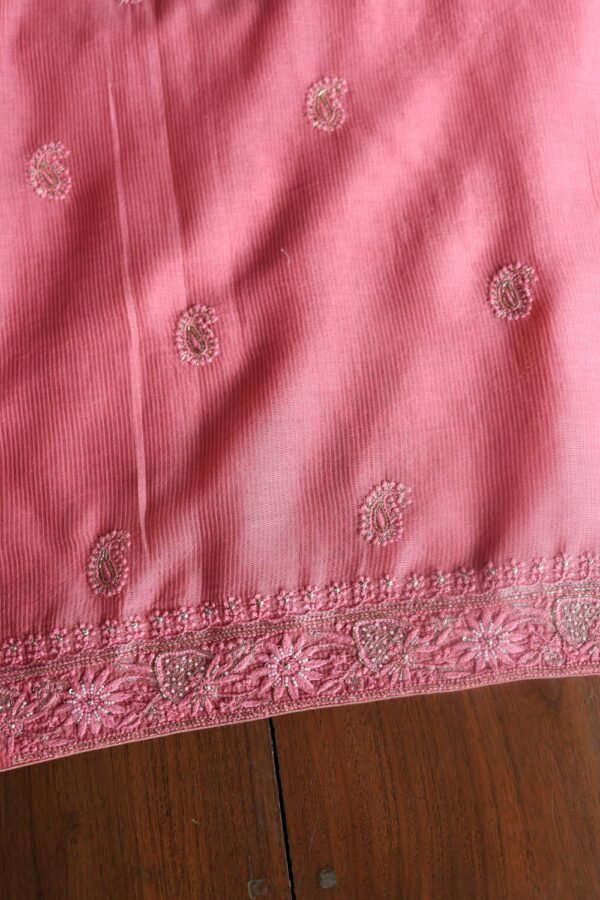 Dark Pink Maheshwari Chikankari Unstitched Fabric - Image 13