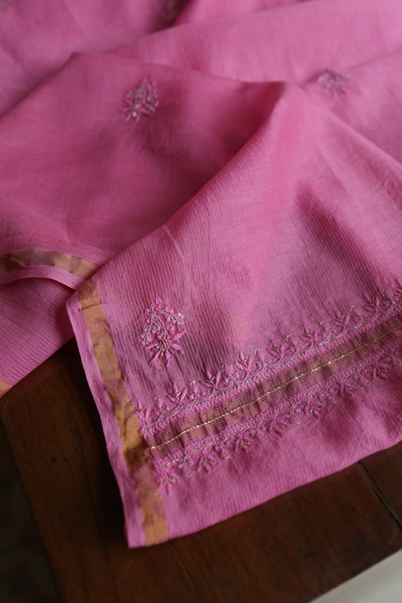 Dark Pink Maheshwari Chikankari Unstitched Fabric