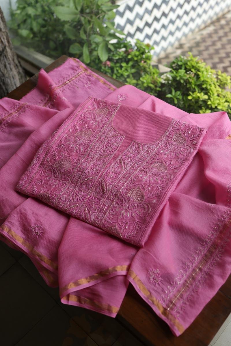 Dark Pink Maheshwari Chikankari Unstitched Fabric