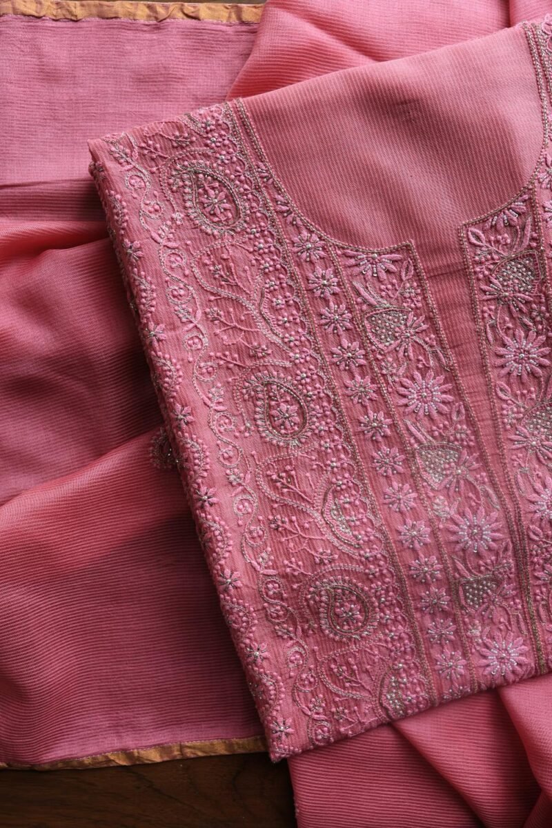 Dark Pink Maheshwari Chikankari Unstitched Fabric