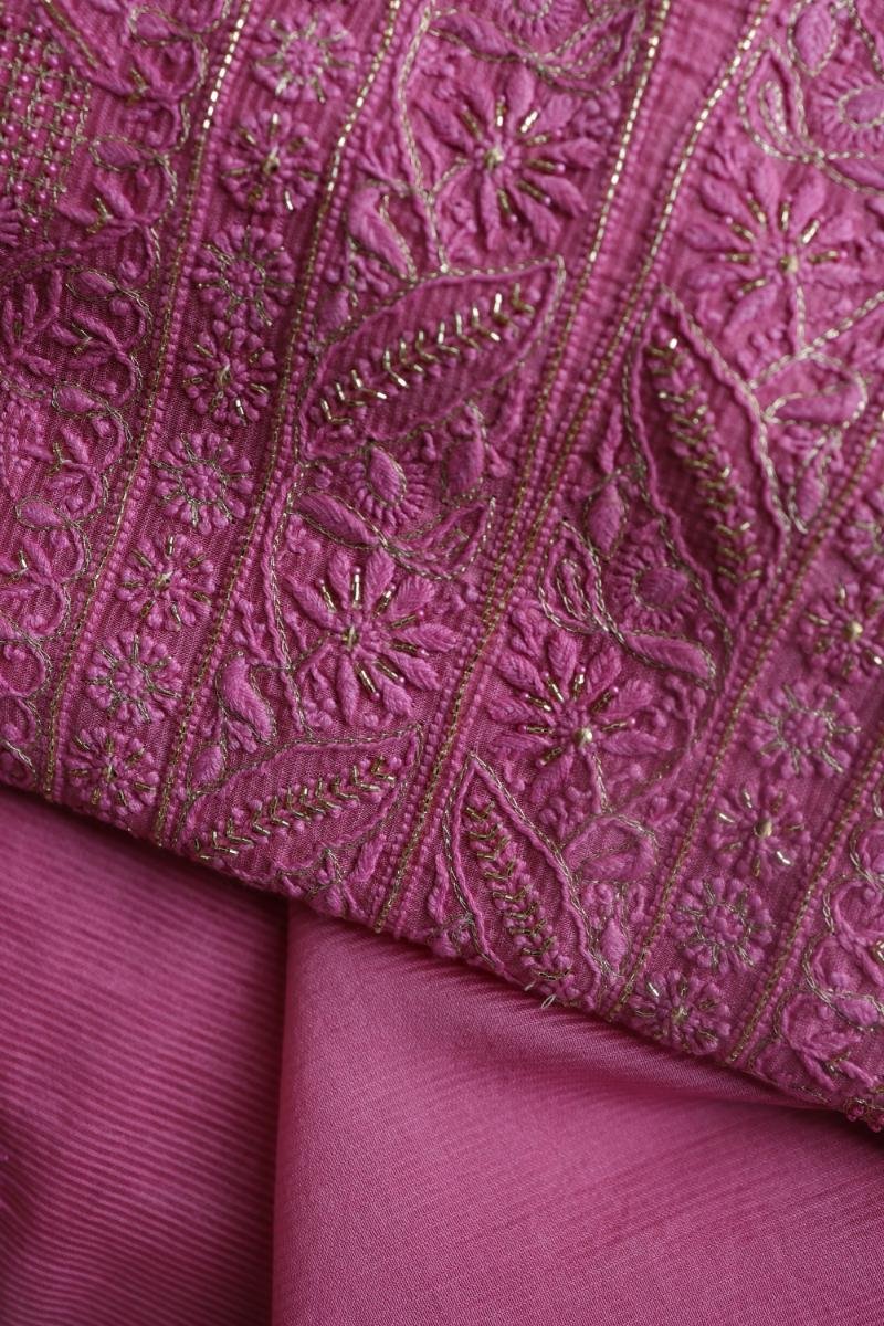 Dark Pink Maheshwari Chikankari Unstitched Fabric
