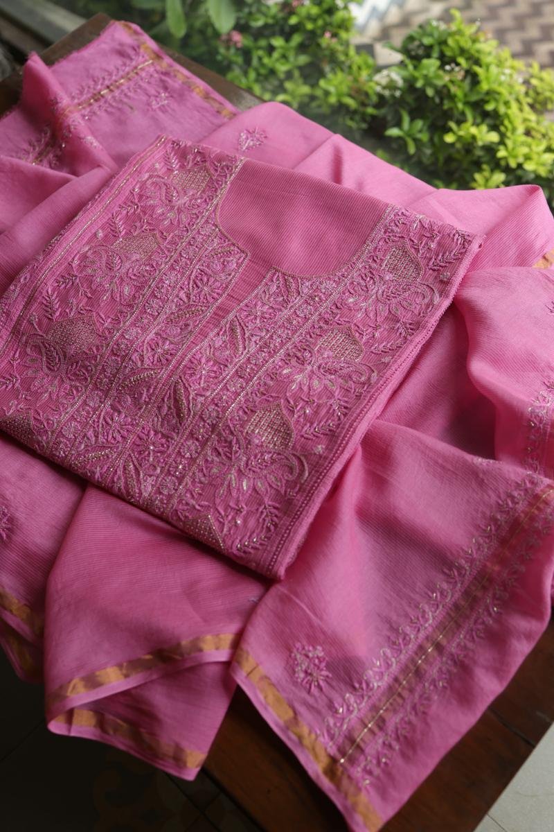 Dark Pink Maheshwari Chikankari Unstitched Fabric