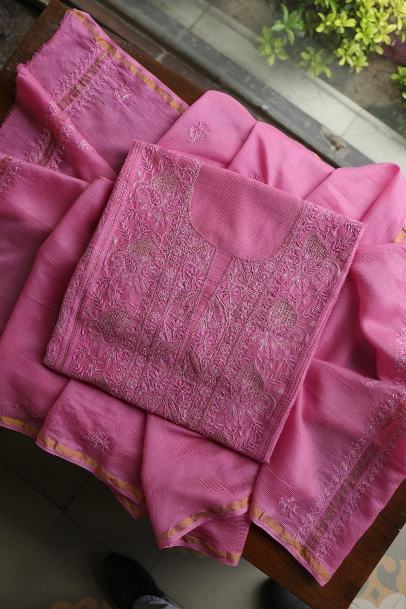Dark Pink Maheshwari Chikankari Unstitched Fabric