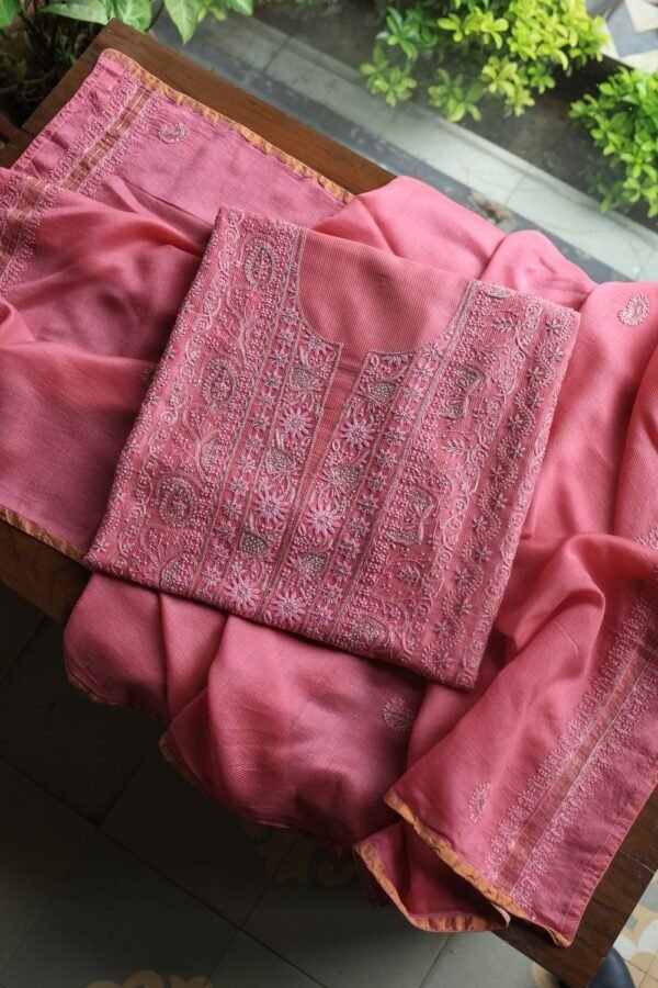 Dark Pink Maheshwari Chikankari Unstitched Fabric - Image 6