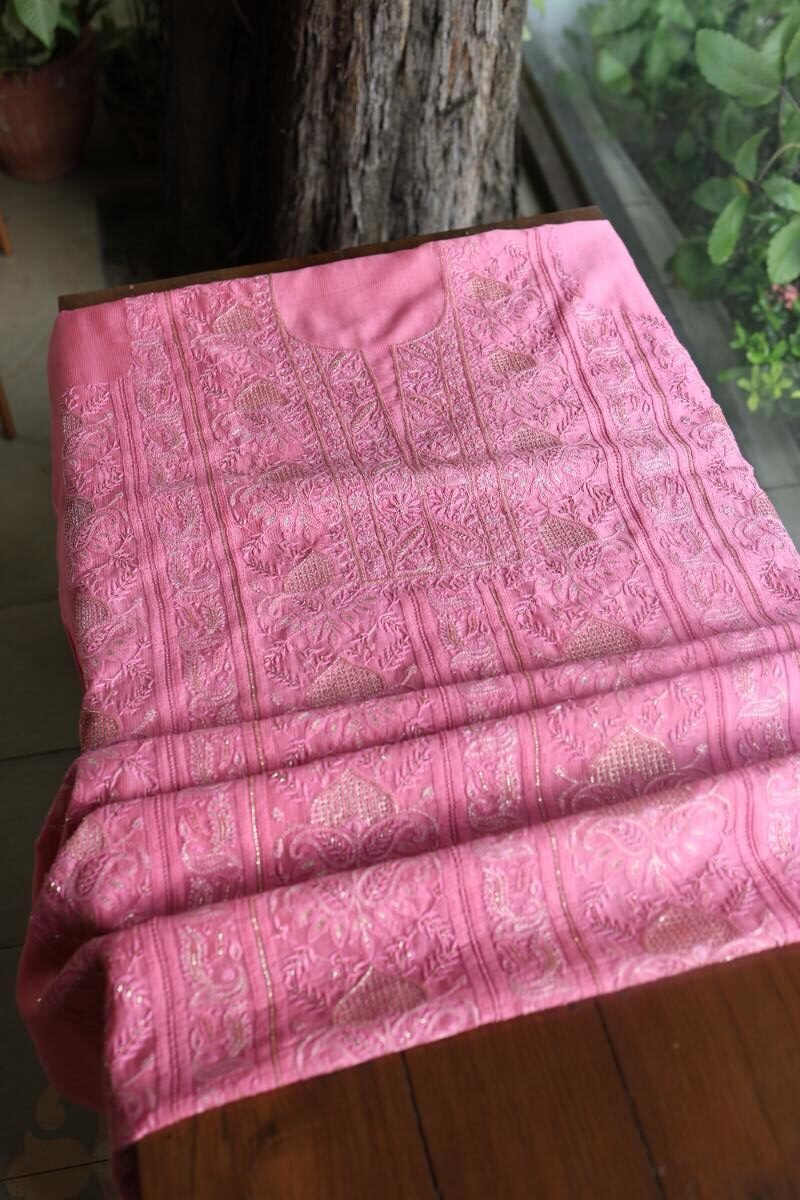 Dark Pink Maheshwari Chikankari Unstitched Fabric