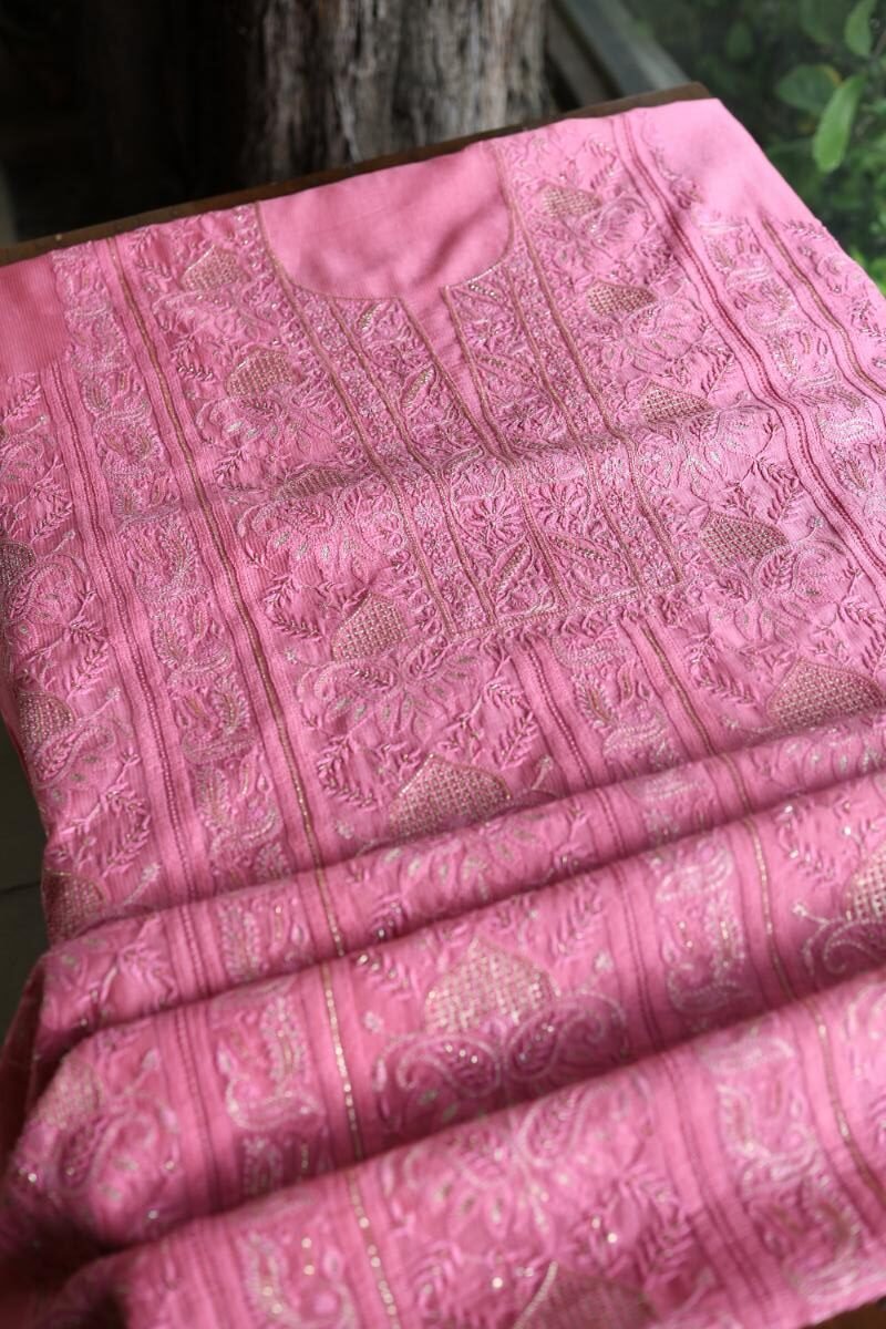 Dark Pink Maheshwari Chikankari Unstitched Fabric