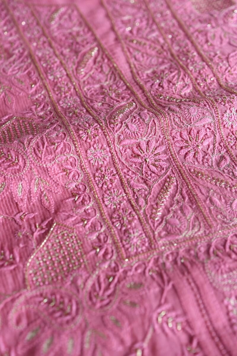 Dark Pink Maheshwari Chikankari Unstitched Fabric