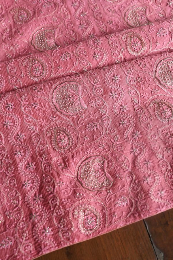 Dark Pink Maheshwari Chikankari Unstitched Fabric - Image 10