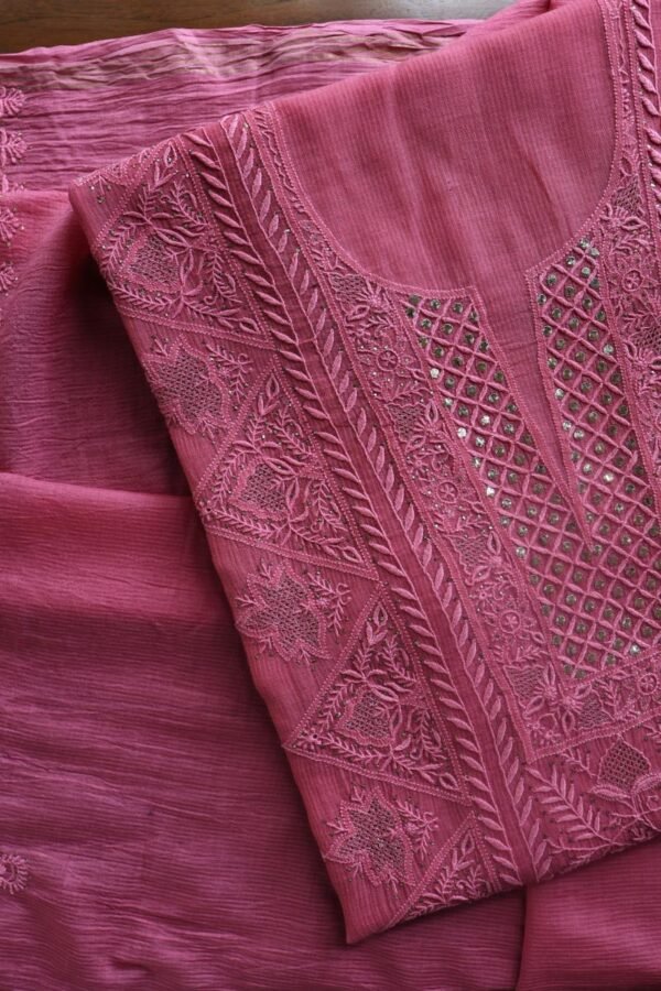 Dark Pink Mal Cotton Fine Chikankari With Kamdani Work Unstitched Fabric - Image 4