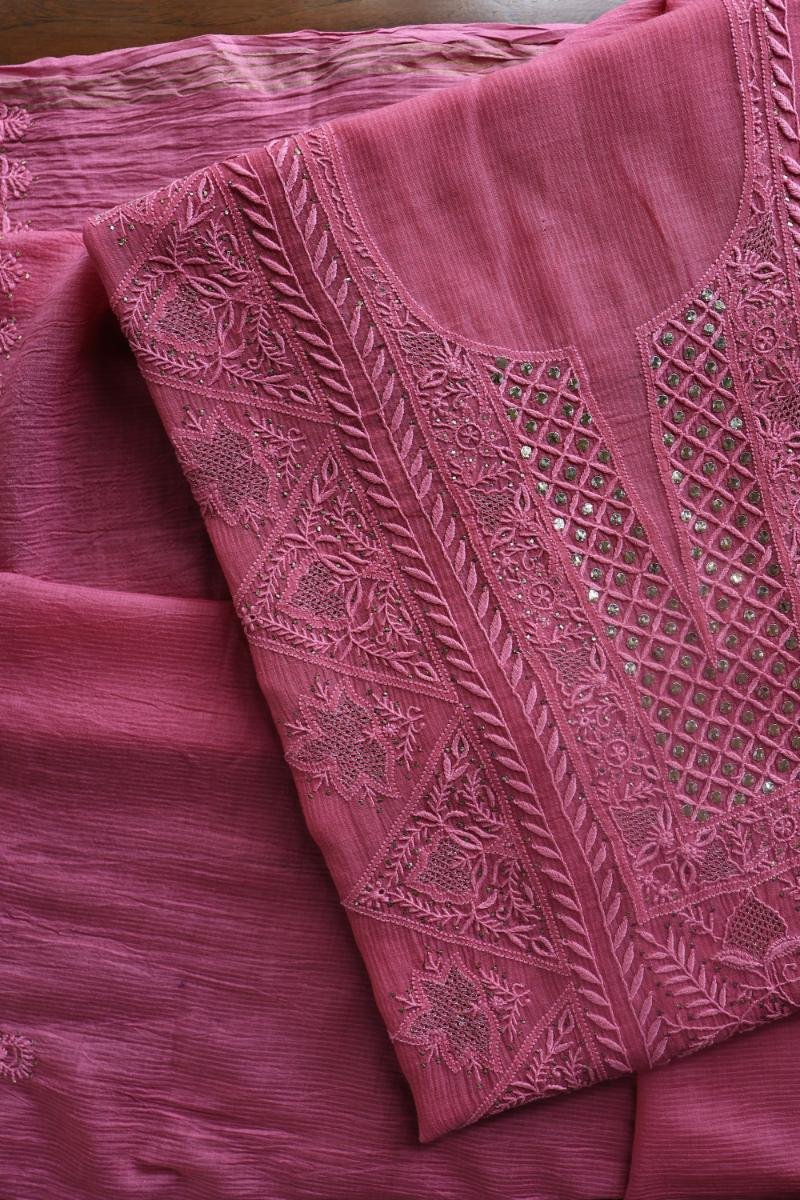 Dark Pink Mal Cotton Fine Chikankari With Kamdani Work Unstitched Fabric