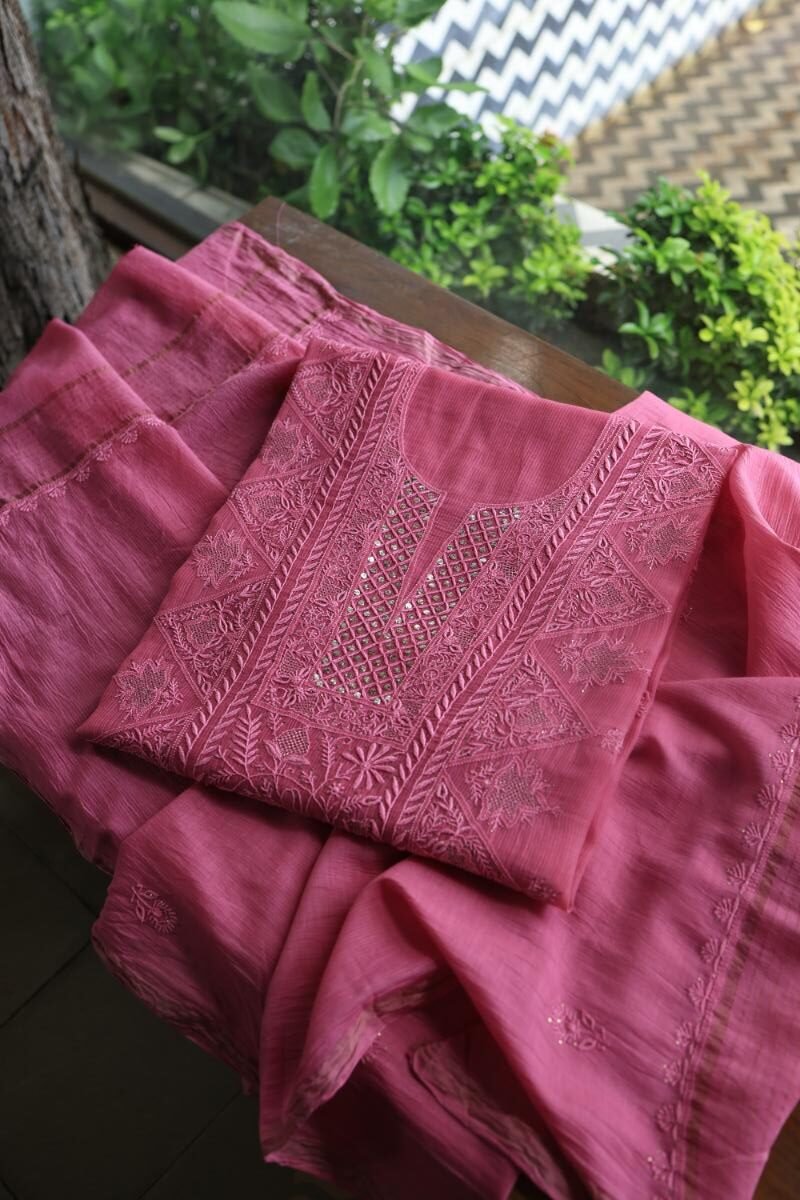 Dark Pink Mal Cotton Fine Chikankari With Kamdani Work Unstitched Fabric