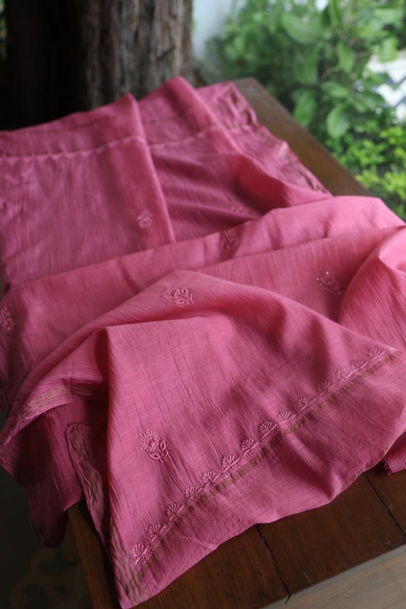 Dark Pink Mal Cotton Fine Chikankari With Kamdani Work Unstitched Fabric