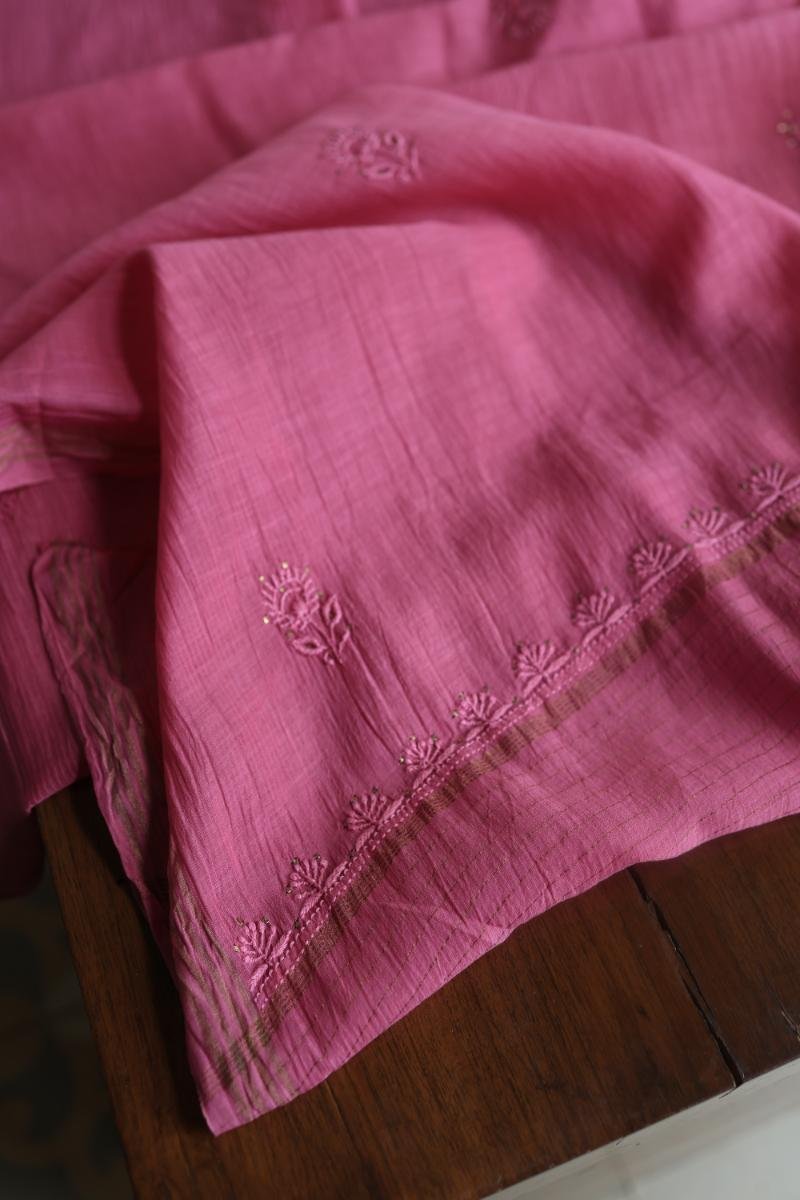 Dark Pink Mal Cotton Fine Chikankari With Kamdani Work Unstitched Fabric