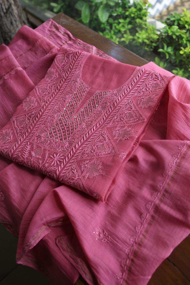 Dark Pink Mal Cotton Fine Chikankari With Kamdani Work Unstitched Fabric