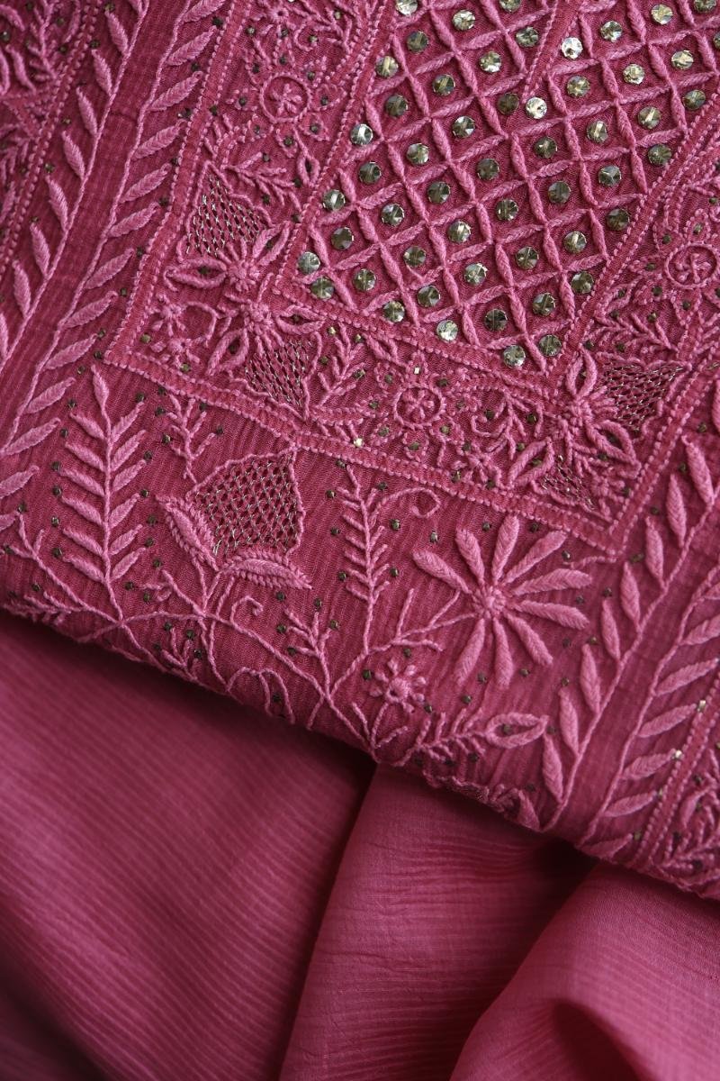 Dark Pink Mal Cotton Fine Chikankari With Kamdani Work Unstitched Fabric