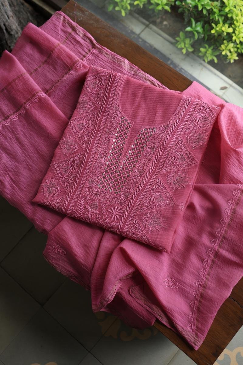Dark Pink Mal Cotton Fine Chikankari With Kamdani Work Unstitched Fabric