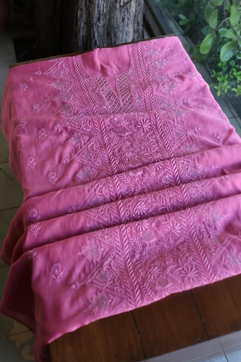 Dark Pink Mal Cotton Fine Chikankari With Kamdani Work Unstitched Fabric