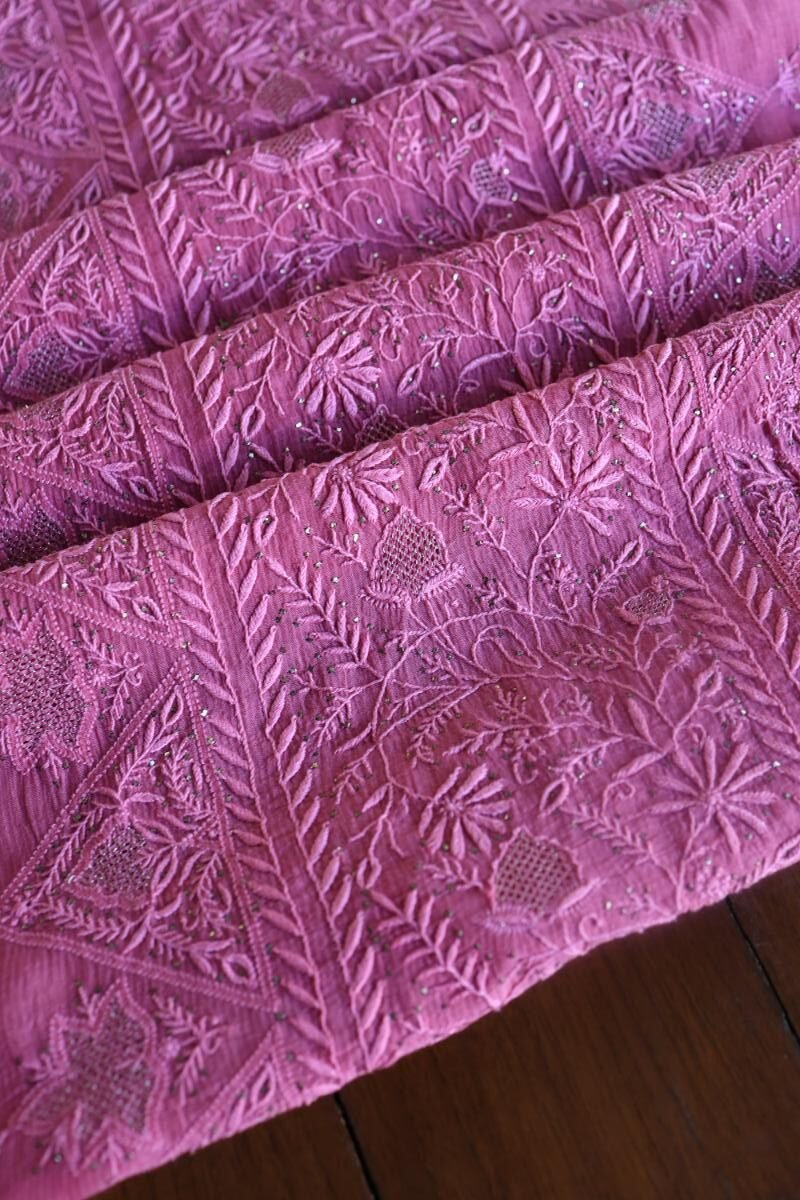 Dark Pink Mal Cotton Fine Chikankari With Kamdani Work Unstitched Fabric