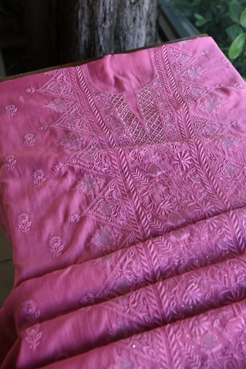 Dark Pink Mal Cotton Fine Chikankari With Kamdani Work Unstitched Fabric