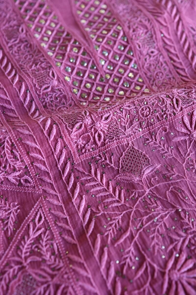 Dark Pink Mal Cotton Fine Chikankari With Kamdani Work Unstitched Fabric