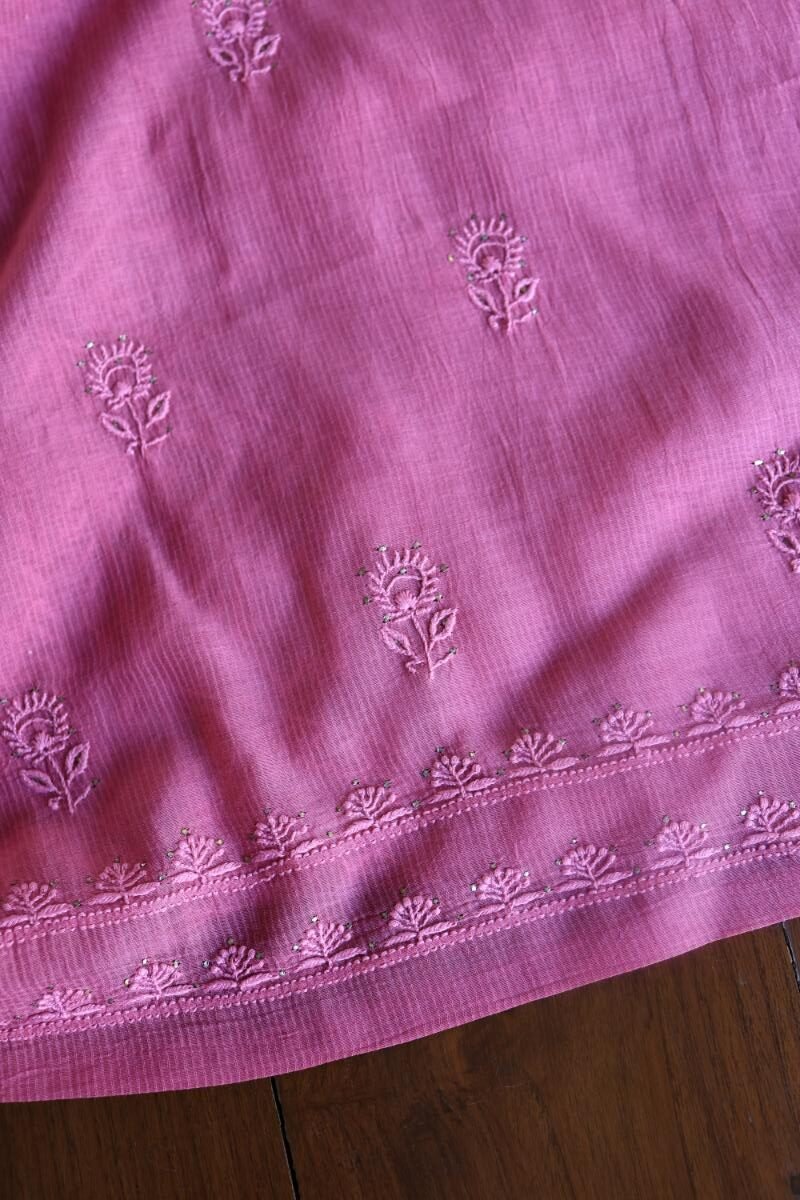 Dark Pink Mal Cotton Fine Chikankari With Kamdani Work Unstitched Fabric