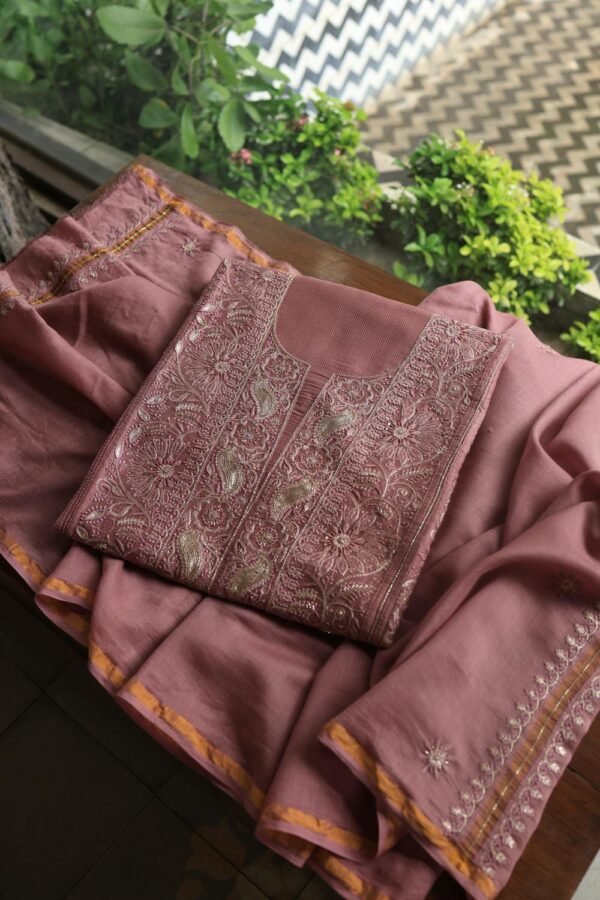 Deep Rose Shade Maheshwari Chikankari Unstitched Fabric - Image 3