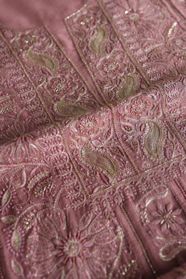 Deep Rose Shade Maheshwari Chikankari Unstitched Fabric - Image 12