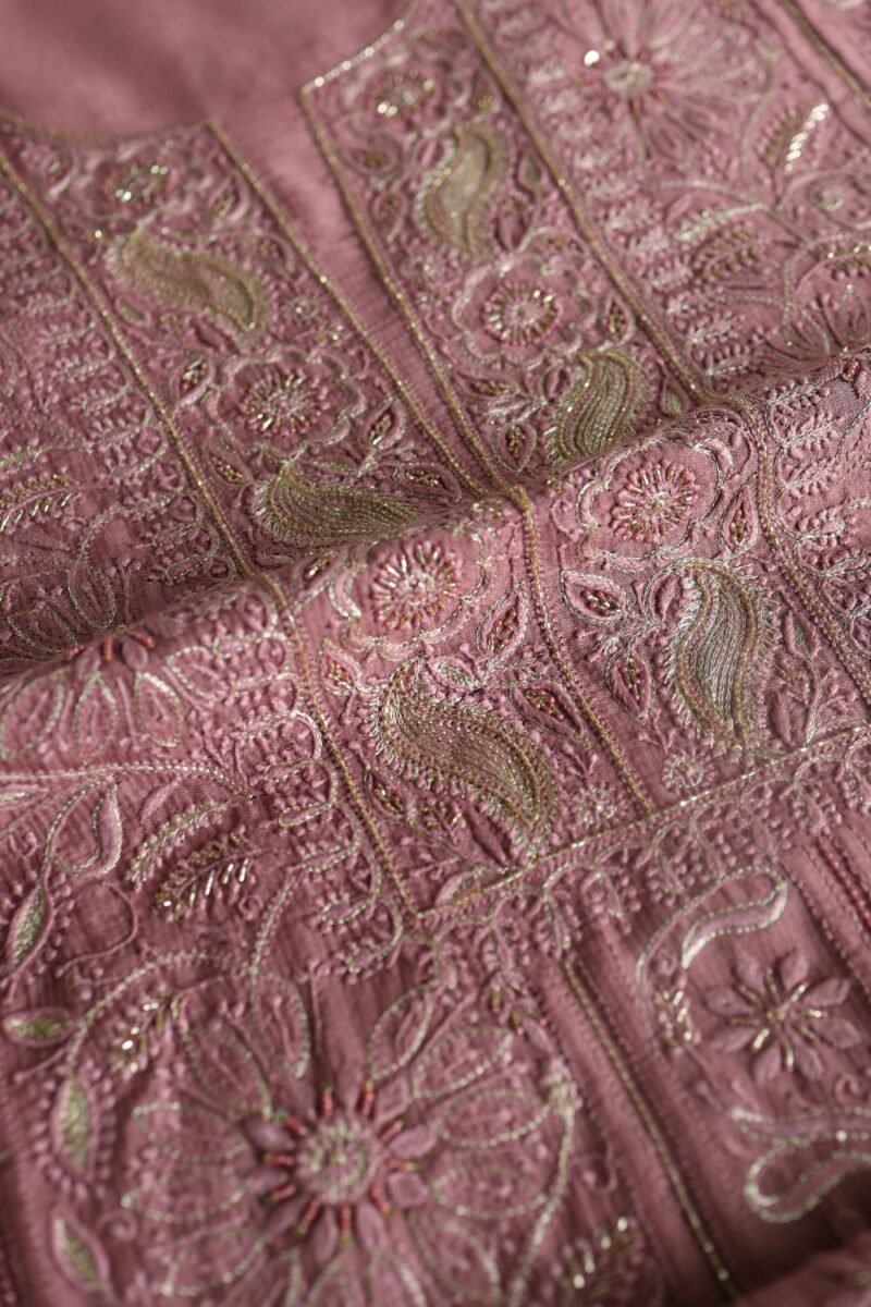 Deep Rose Shade Maheshwari Chikankari Unstitched Fabric