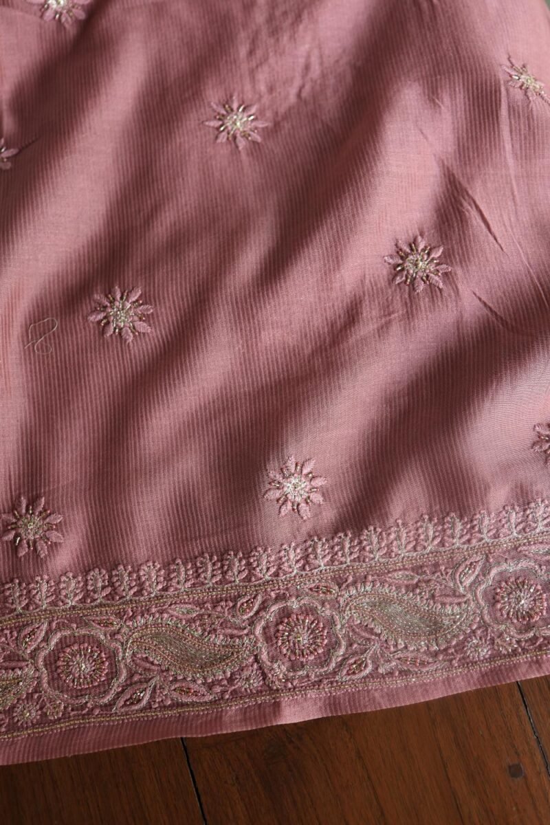Deep Rose Shade Maheshwari Chikankari Unstitched Fabric