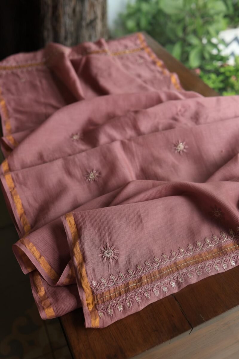 Deep Rose Shade Maheshwari Chikankari Unstitched Fabric