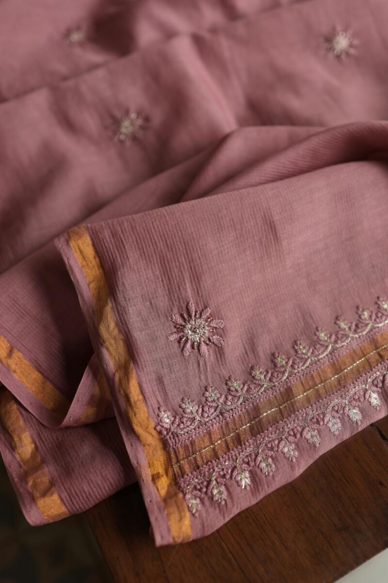 Deep Rose Shade Maheshwari Chikankari Unstitched Fabric
