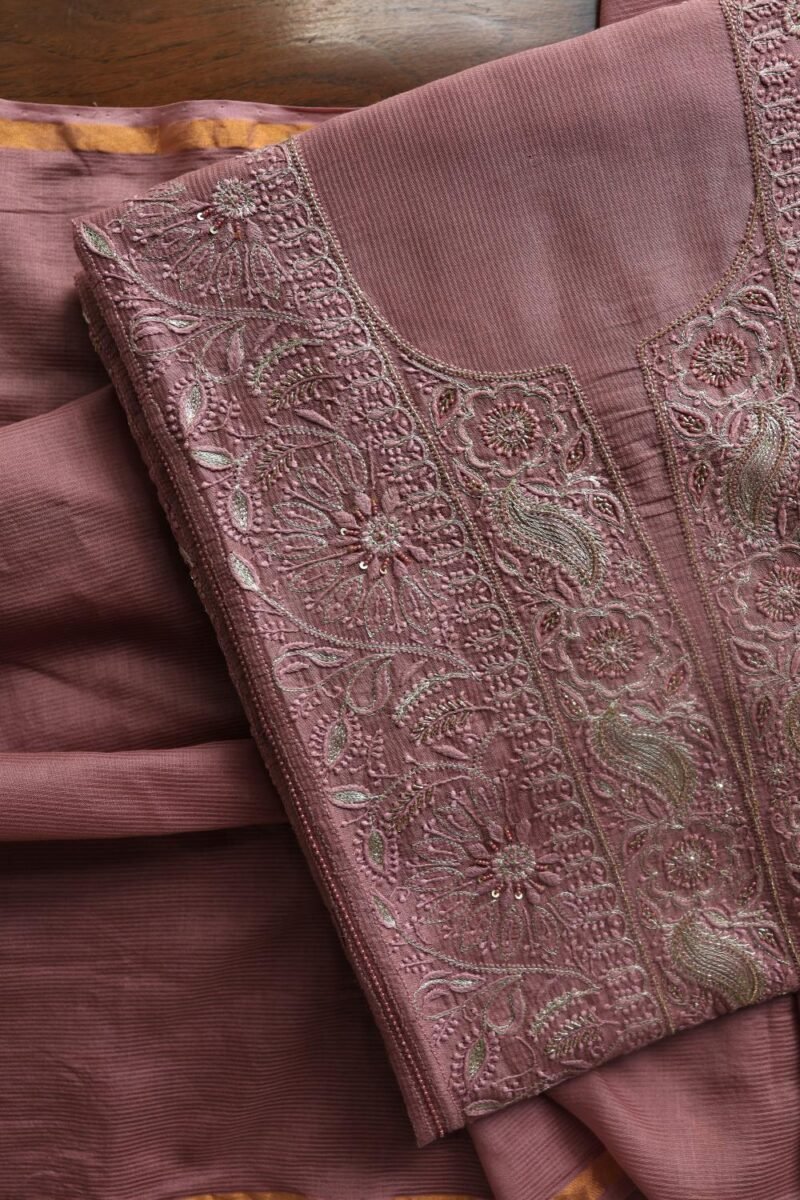 Deep Rose Shade Maheshwari Chikankari Unstitched Fabric